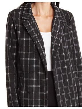MELLODAY Notch Lapel Long Knit Jacket BLACK WHITE JACQUARD PLAID Size X-Small